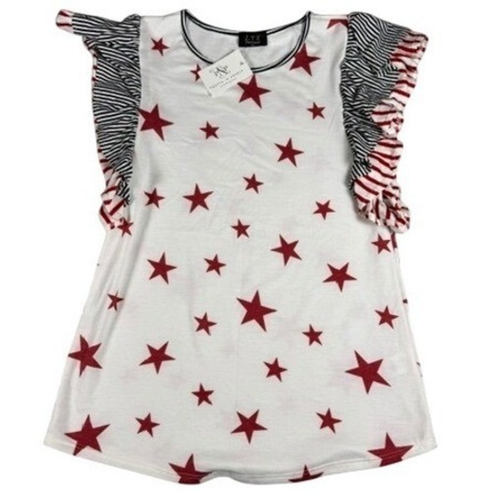 Fourth of July Women's Med LTX Sportswear Top Ruffle Sleeve Patriotic Stars USA